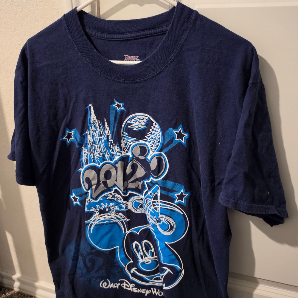Disney World 2012 Mickey Mouse Graphic T-Shirt Navy Blue Hanes Beefy-T Mens L